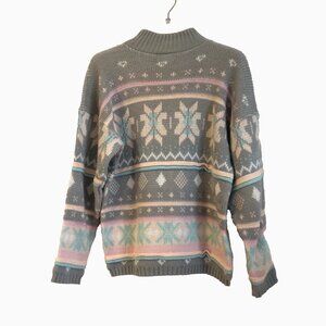 Vintage Sasson Womens 80s Mock Turtleneck Snowflake design Knit Oversize Sweater